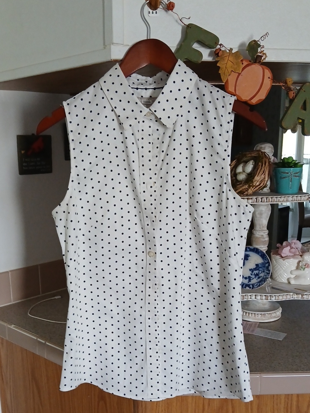 Banana Republic White Sleeveless Button-Front Blouse with Black Polka Dots